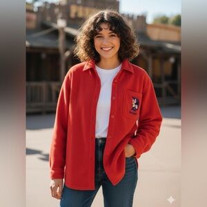 Vintage 90s Disneyland Mickey Mouse Red Fleece Button-Up Shirt Jacket - Size M